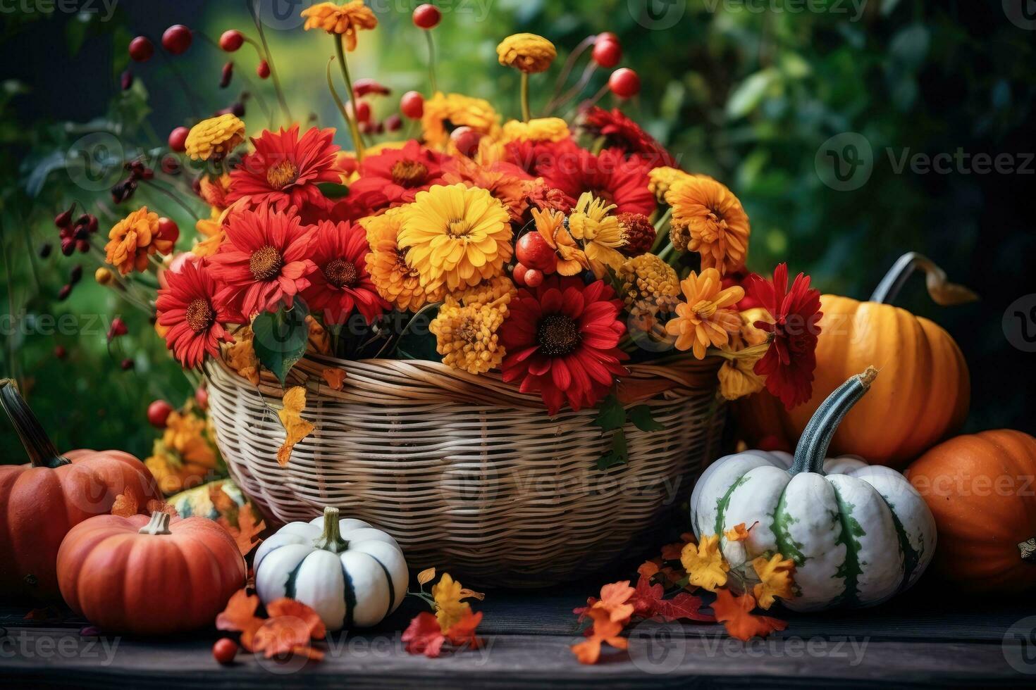vime cesta com colorida outono flores e abóbora decoração. Ação de graças conceito. foto
