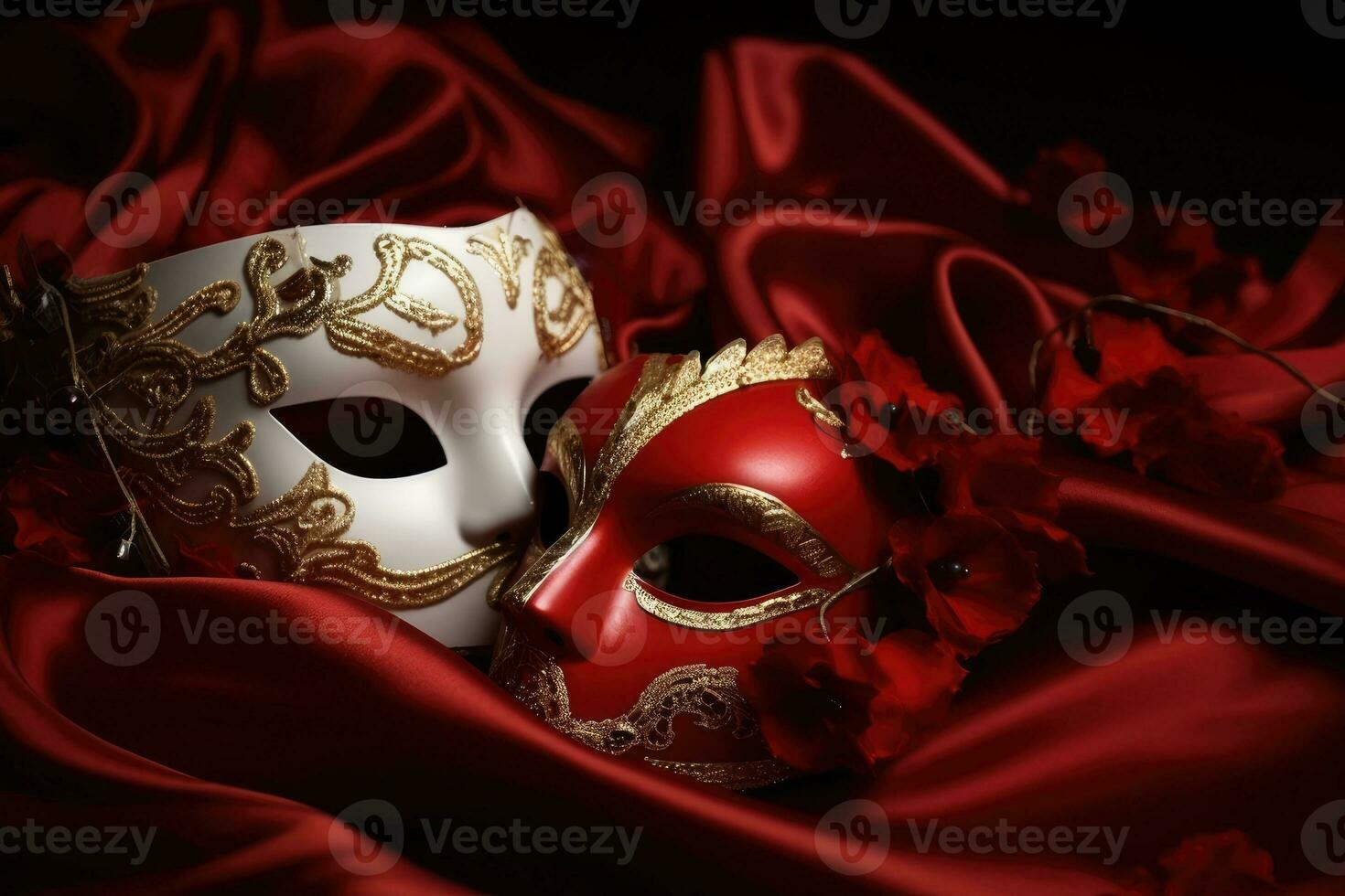 veneziano carnaval mascarar com ouro decorações em vermelho fundo. generativo ai foto