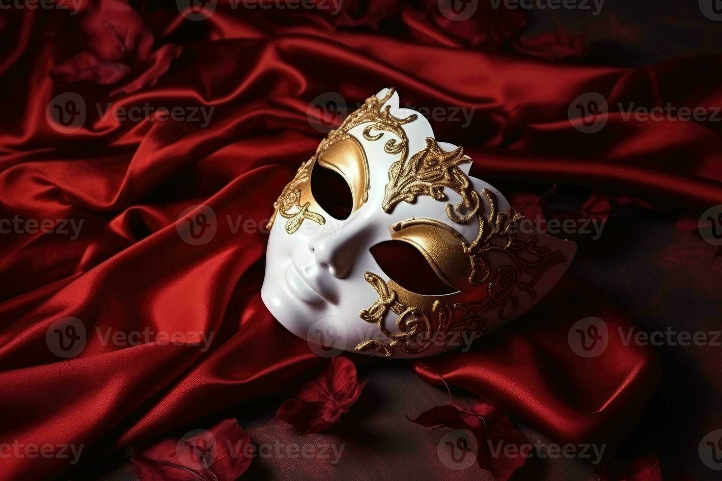 veneziano carnaval mascarar com ouro decorações em vermelho fundo. generativo ai foto