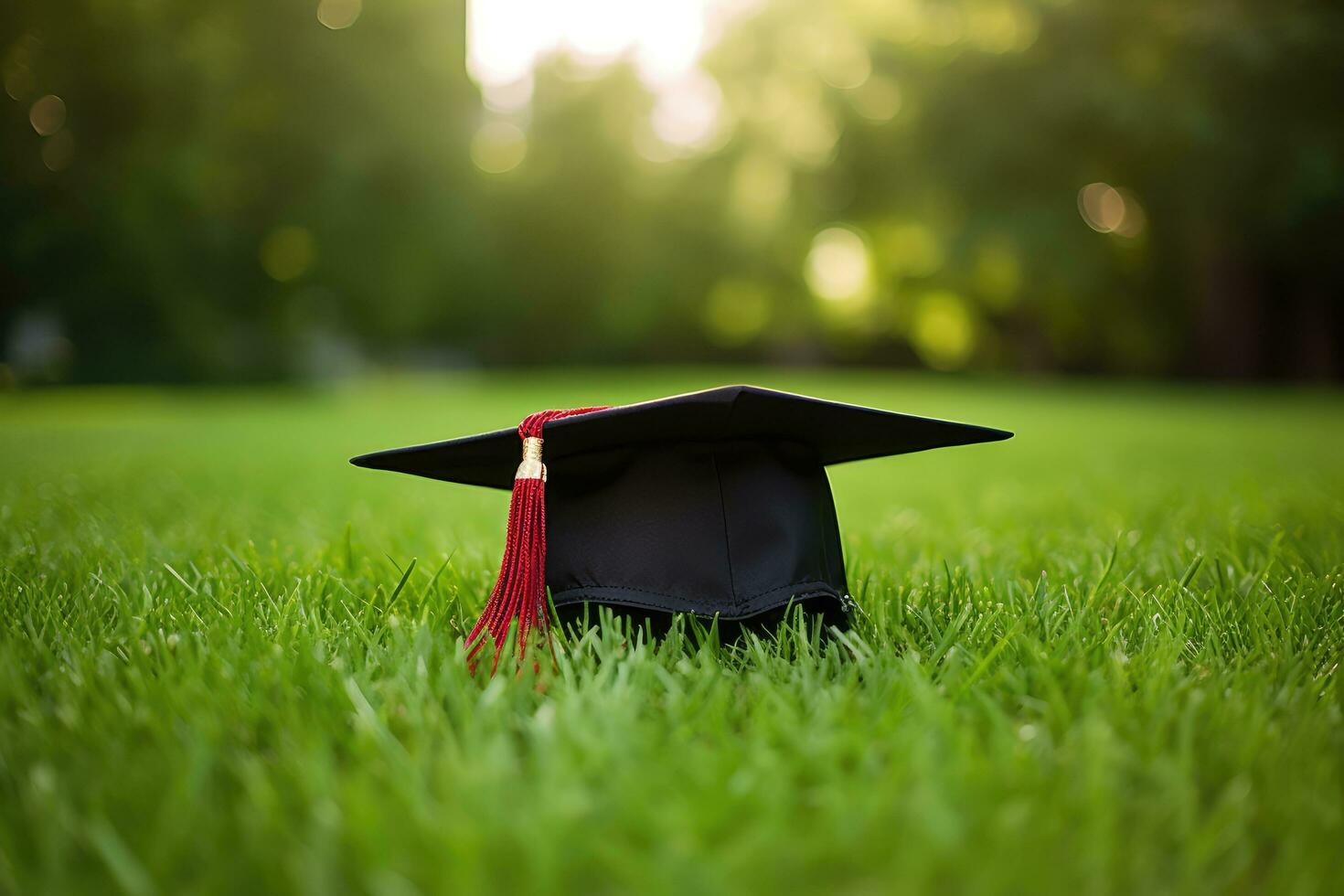 graduação boné em verde grama. Educação conceito. cópia de espaço, graduação chapéu mentiras em verde grama, ai gerado foto