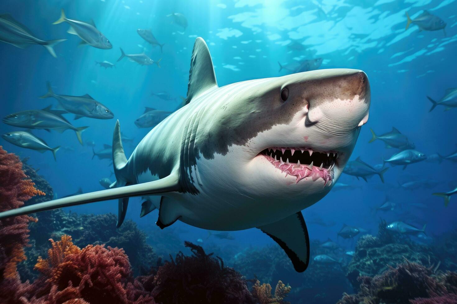 ótimo branco Tubarão carcharodon carcharias, ótimo branco tubarões Caçando dentro diferente posições em uma branco fundo, cheio corpo visualizar, ai gerado foto