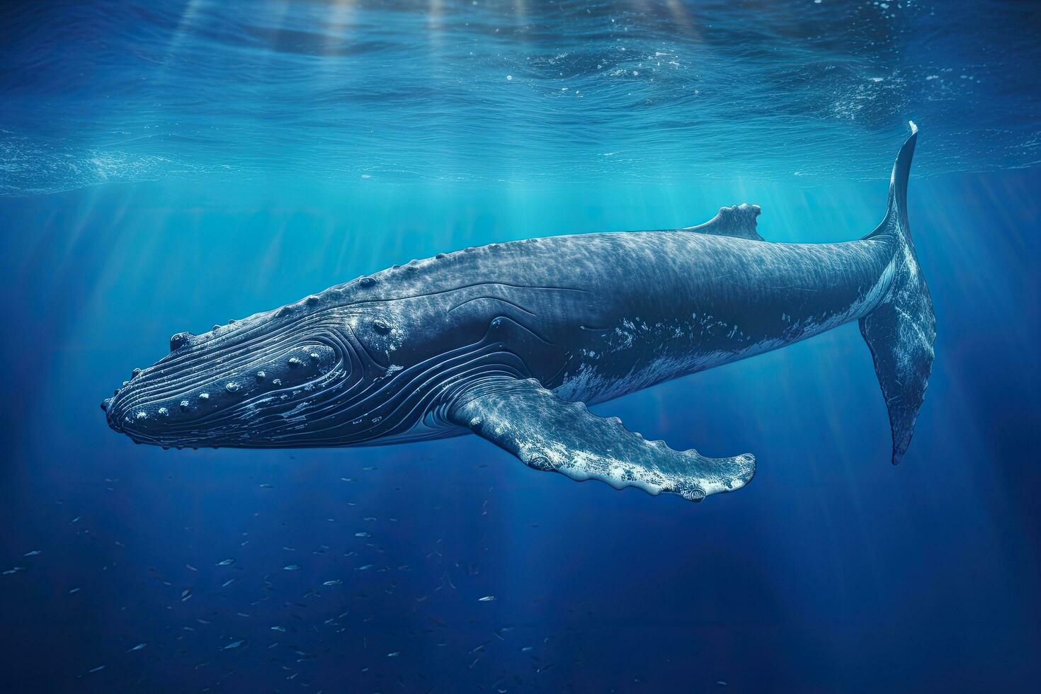 baleia dentro a azul mar. embaixo da agua cena. 3d Renderização, corcunda baleia natação dentro profundo azul oceano. embaixo da agua fotografia, ai gerado foto