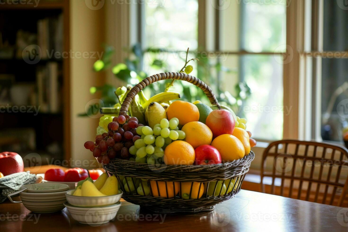 tecido de vime fruta cesta jantar sala. gerar ai foto