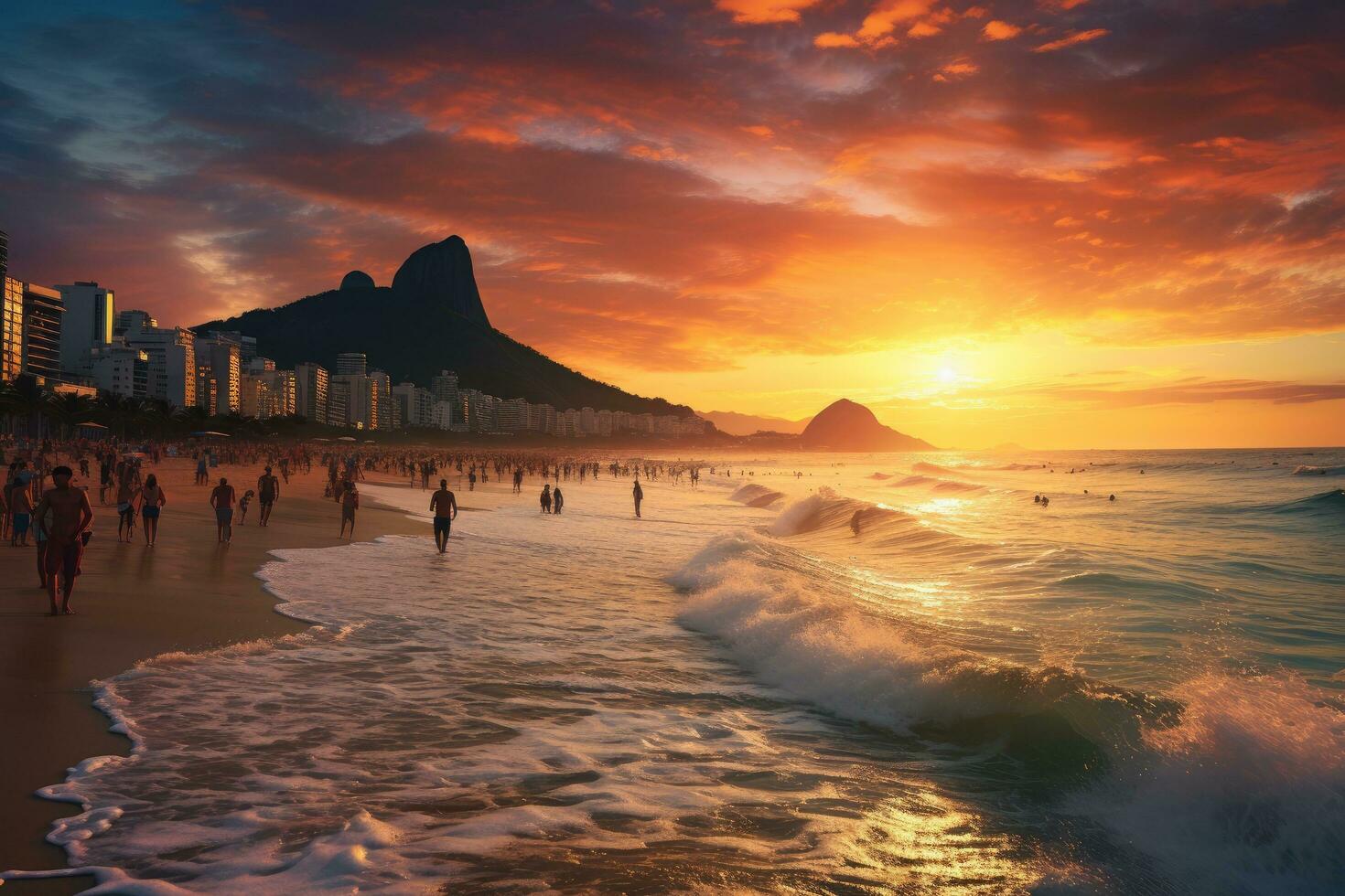 rio de janeiro, brasil. Visão do Copacabana de praia às pôr do sol, ipanema de praia dentro rio de janeiro em uma linda pôr do sol, ai gerado foto