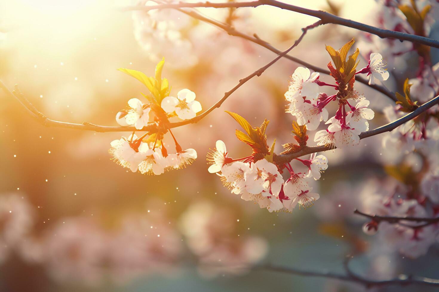 Primavera Flor fundo. natureza cena com florescendo árvore e Sol flare. generativo ai foto