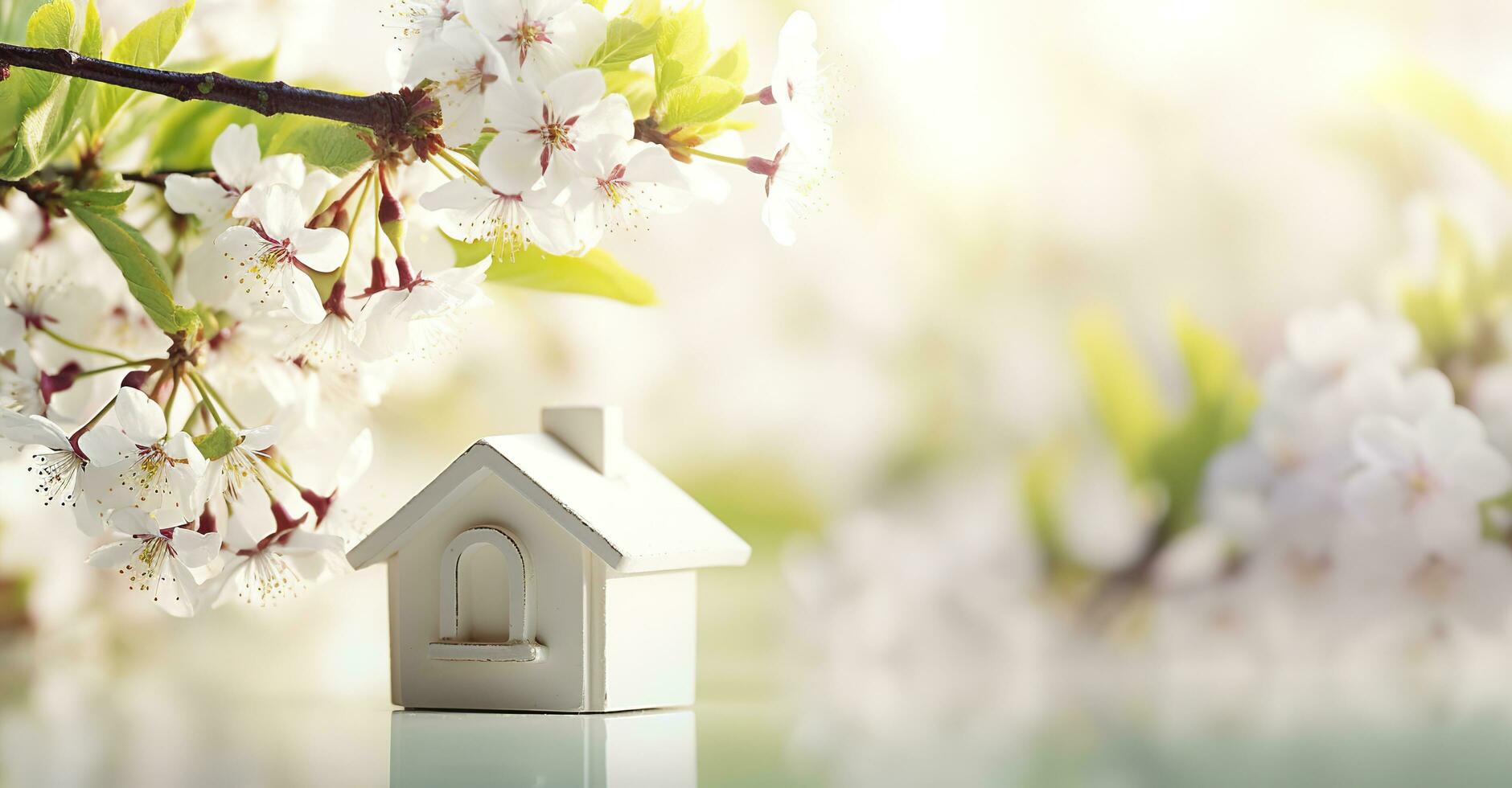 brinquedo casa e cereja flores, Primavera abstrato natural fundo. generativo ai foto