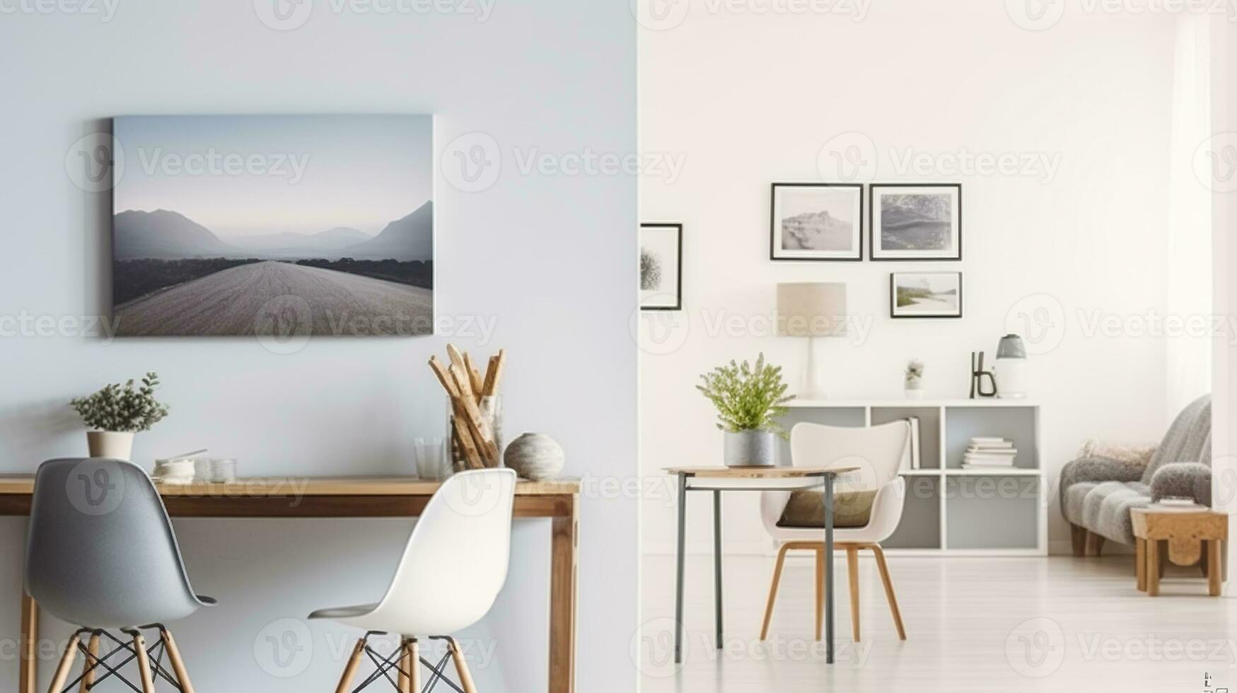 uma cadeira às de madeira mesa dentro branco aberto espaço interior com poster em a parede e brilhante quarto. generativo ai foto
