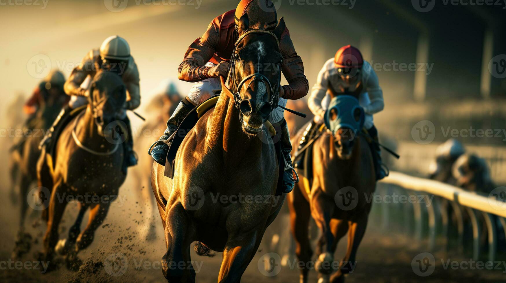 jóqueis dentro a coração do a cavalo corrida. uma deslumbrante instantâneo do a cavalo corrida. generativo ai foto