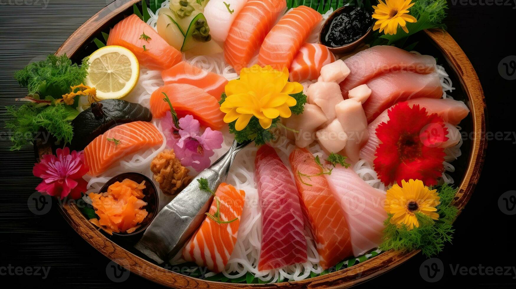 uma sashimi prato do cru peixe prazer. generativo ai foto