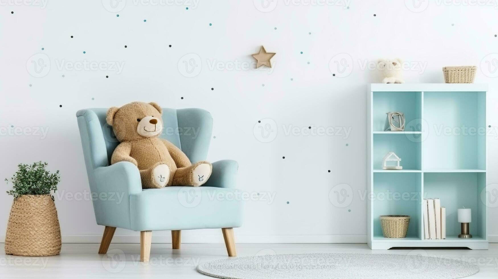 crianças quarto interior. criança poltrona dentro uma estrelado branco país das maravilhas com Urso de pelúcia Urso e fresco plantar. generativo ai foto