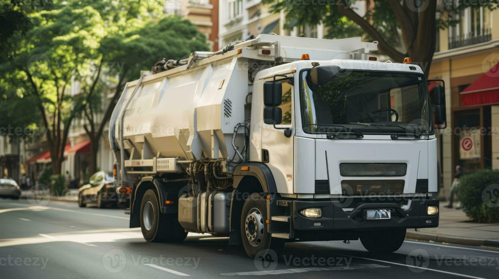 urbano obrigação. uma branco lixo caminhão dentro uma cidade. generativo ai foto