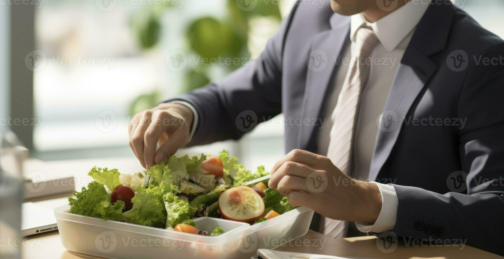 saudável almoço do homem de negocios dentro escritório. generativo ai foto