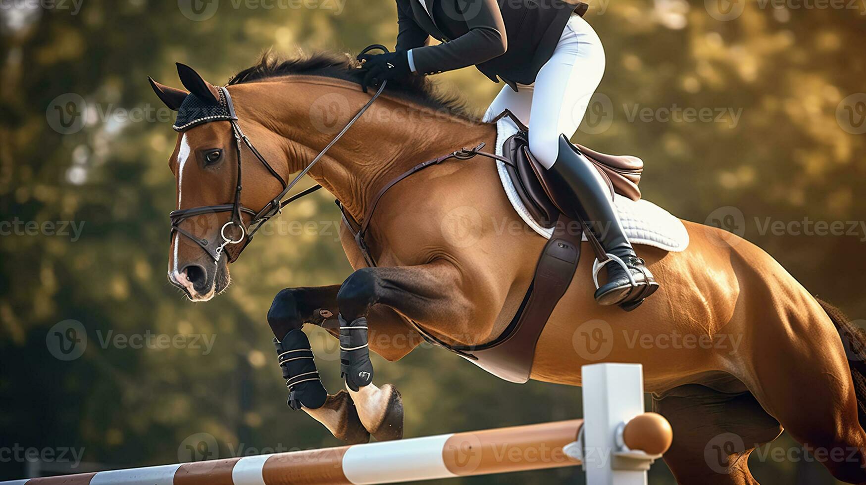 superação obstáculos. a arte do mostrar pulando dentro cavalo cavalgando. generativo ai foto