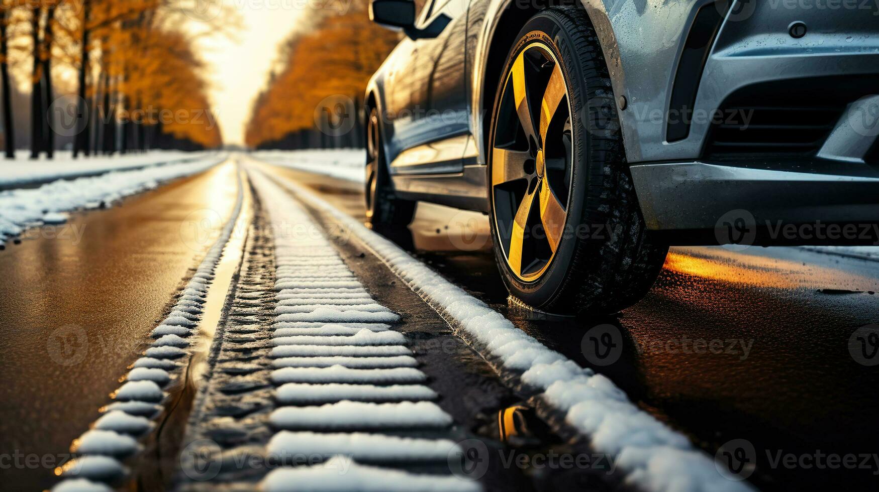 uma misturar do inverno e verão pneus em a asfalto estrada. generativo ai foto