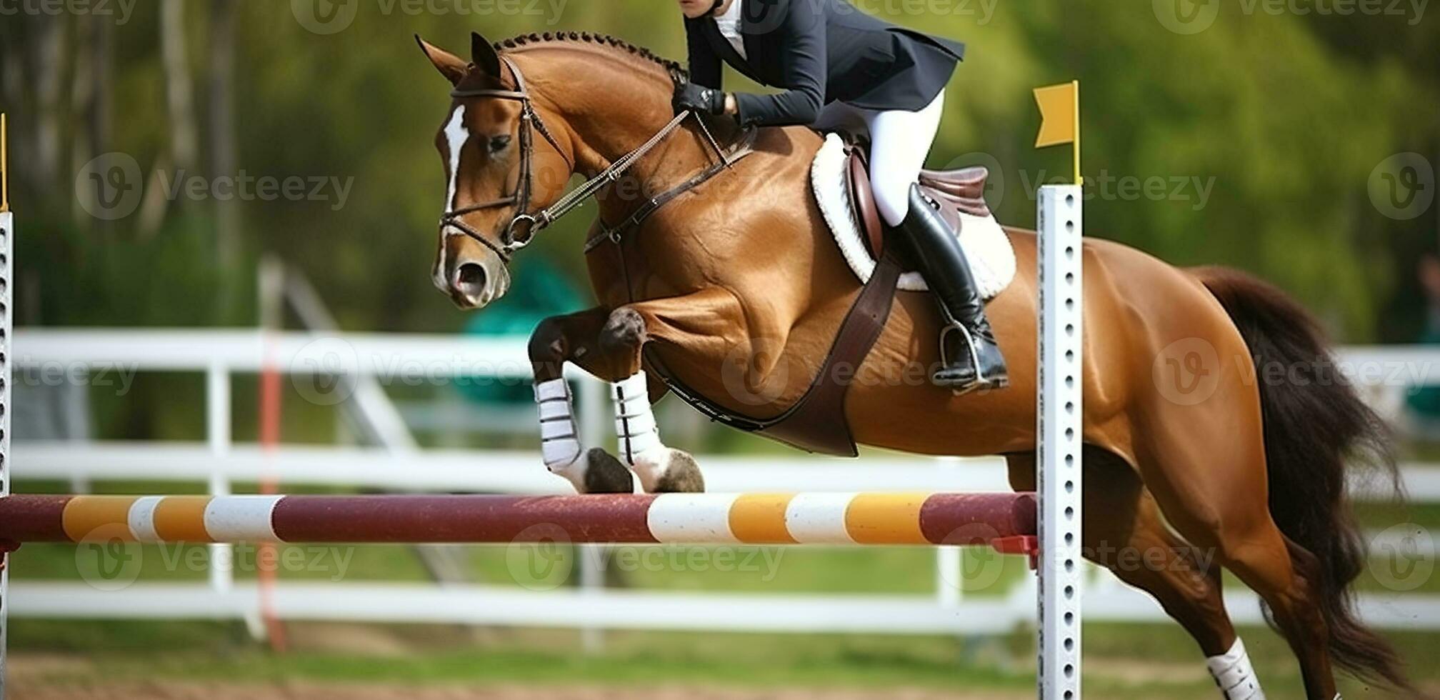 equestre elegância. mostrar pulando ousadia exibição do habilidade. generativo ai foto