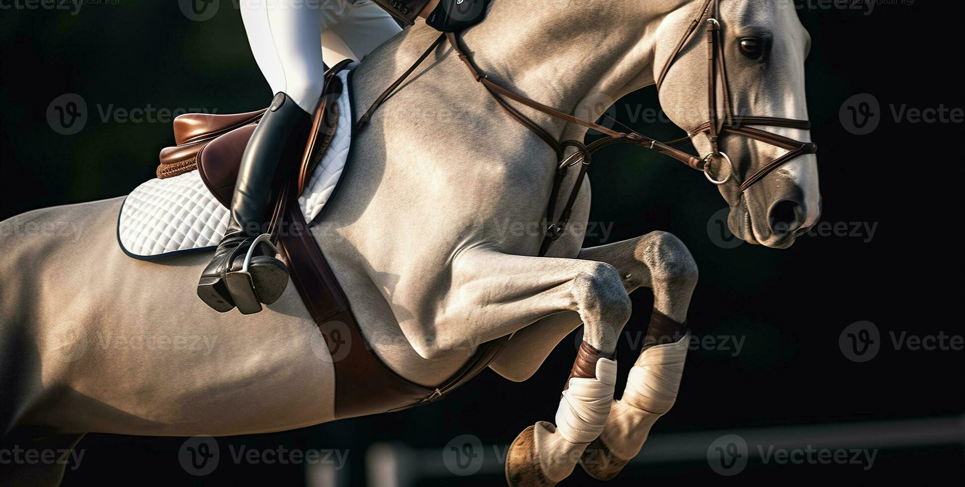 gracioso saltos. a emoção do cavalo pulando dentro equestre Esportes. generativo ai foto