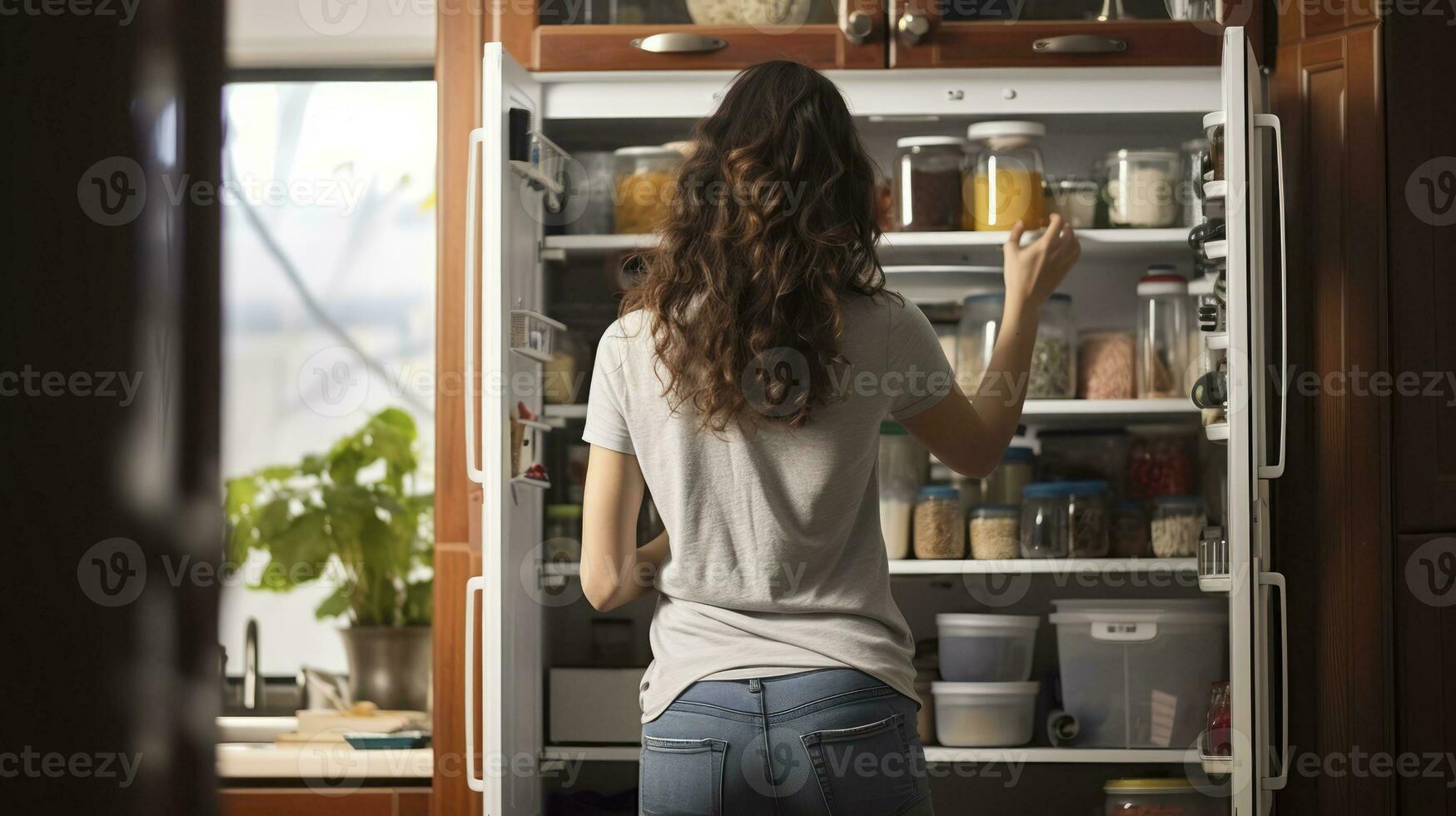 a partir de estante para mesa. uma mulher viagem através cozinha armazenar. generativo ai foto