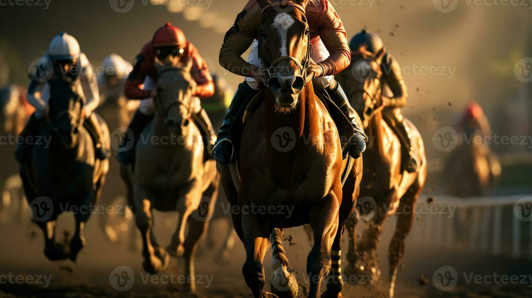 a emocionante mundo do cavalo corrida. jóqueis em a velozes rastrear do a hipódromo. generativo ai foto