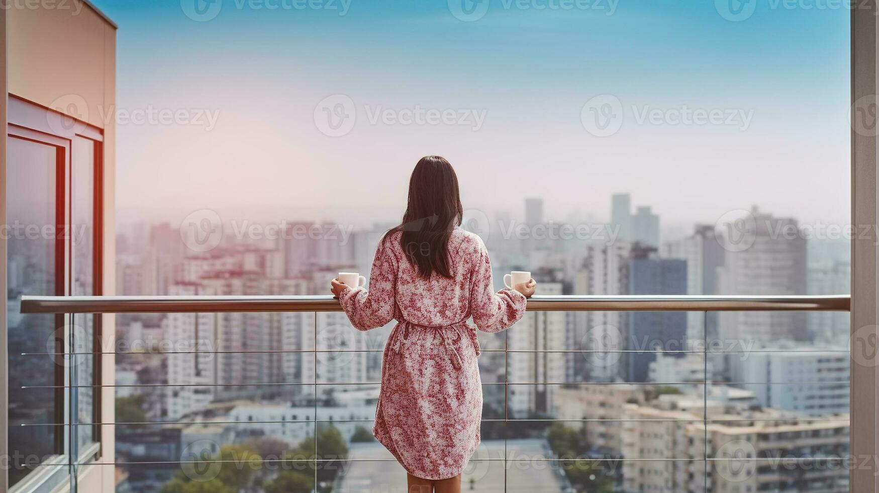 mulher em a sacada saboreando a cidade visualizar. generativo ai foto