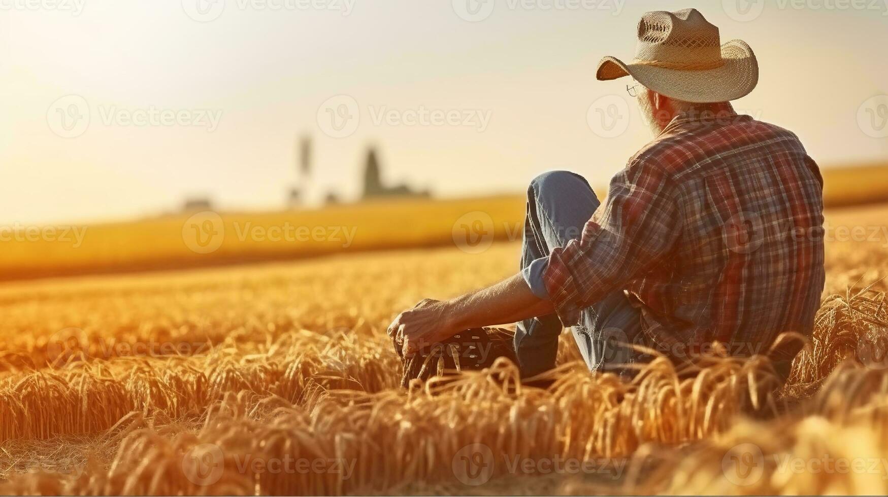 idosos agricultor refletindo em uma generoso colheita e parece para dentro a distância. generativo ai foto