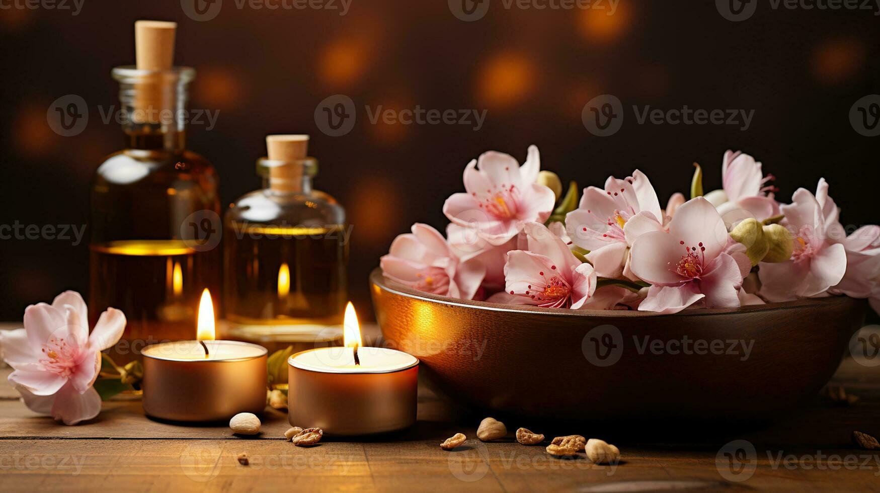 spa composição com acender velas e lindo flores em de madeira fundo. massagem terapia. generativo ai foto