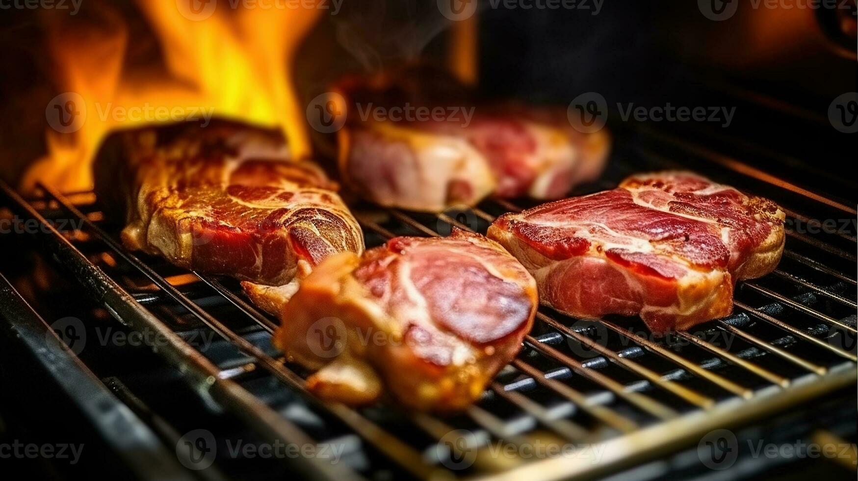salgado delícias. carne de porco pescoço grelhado dentro a cozinha forno. generativo ai foto
