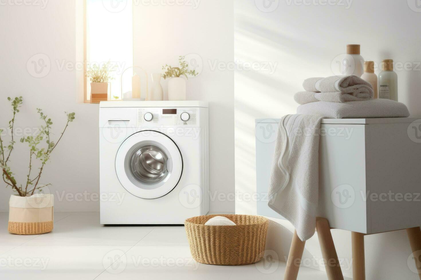 interior do casa lavanderia quarto com moderno lavando máquina. generativo ai foto