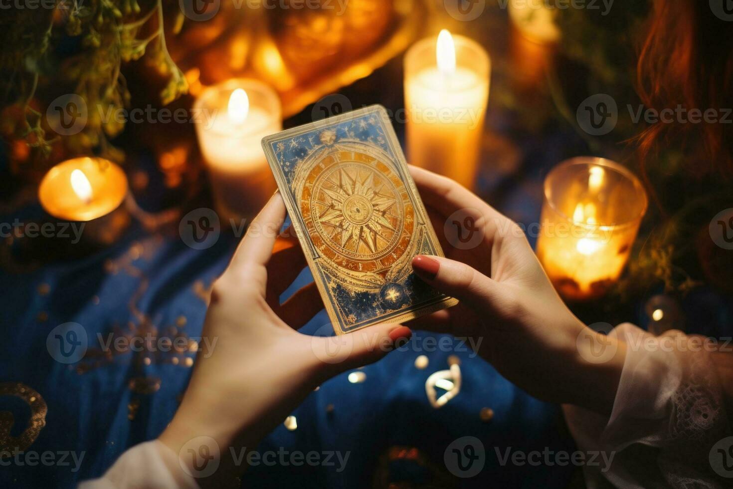 mulher mão segurando uma tarot cartão. fortuna caixa lendo tarot cartões. generativo ai foto