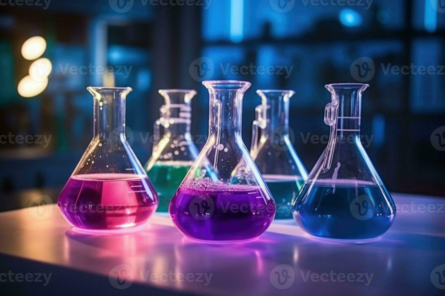 frascos com colorida reagentes dentro laboratório. laboratório diagnósticos. generativo ai foto
