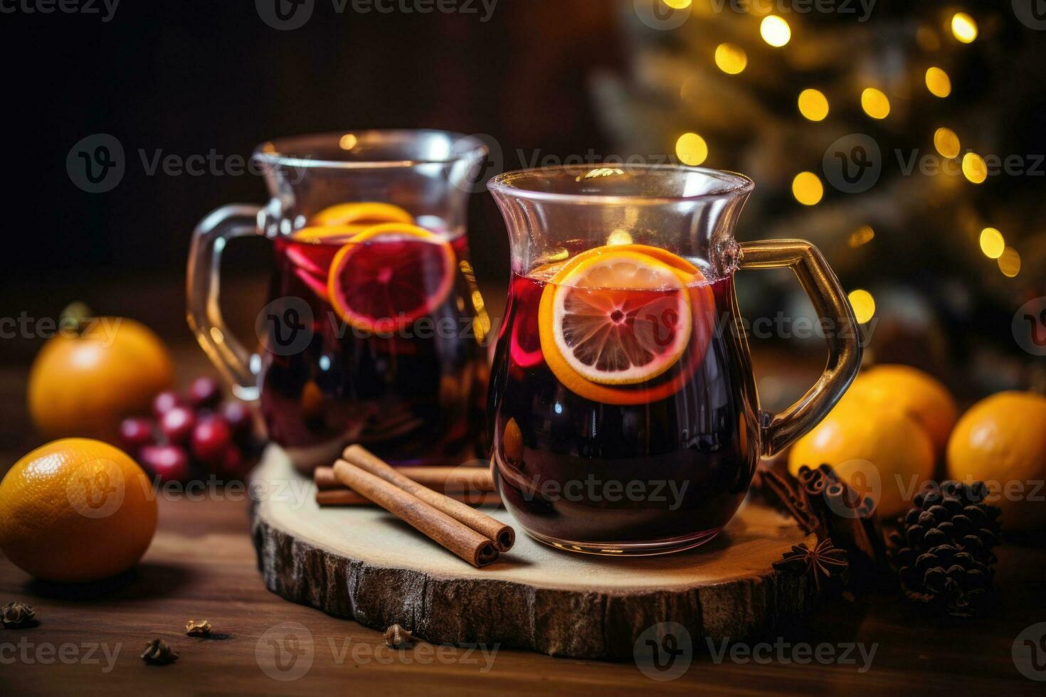 ponderado vermelho vinho com especiarias e citrino frutas. tradicional quente beber às Natal tempo. generativo ai foto