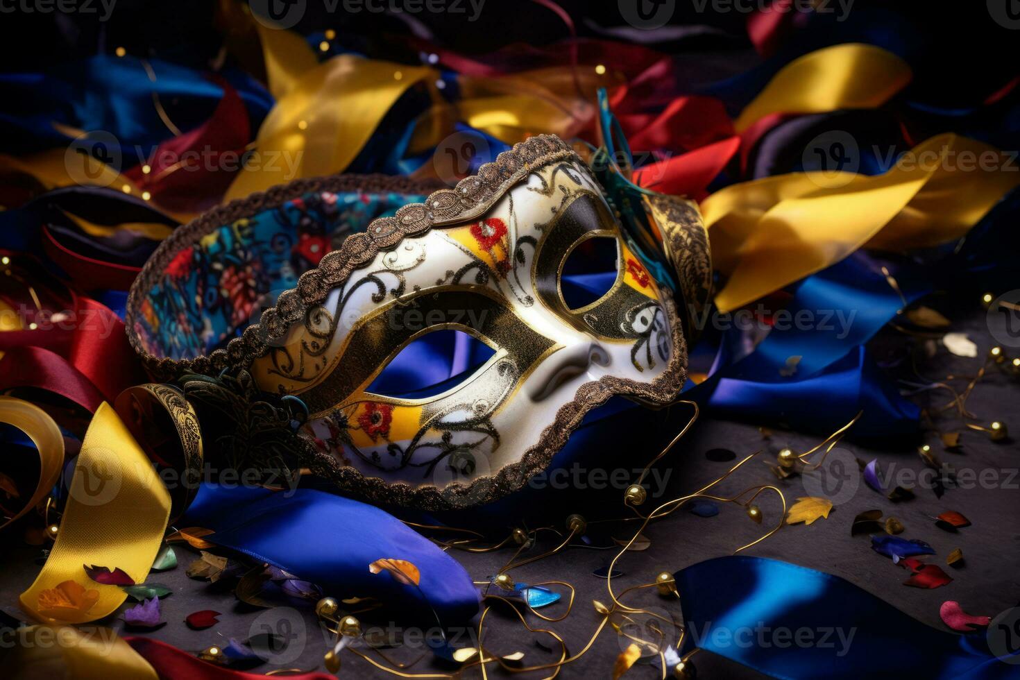 carnaval mascarar. serpentinas e confete em colorida fundo. carnaval mascarada fantasia traje bola. generativo ai foto