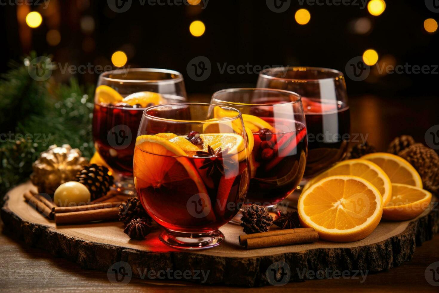 ponderado vermelho vinho com especiarias e citrino frutas. tradicional quente beber às Natal tempo. generativo ai foto