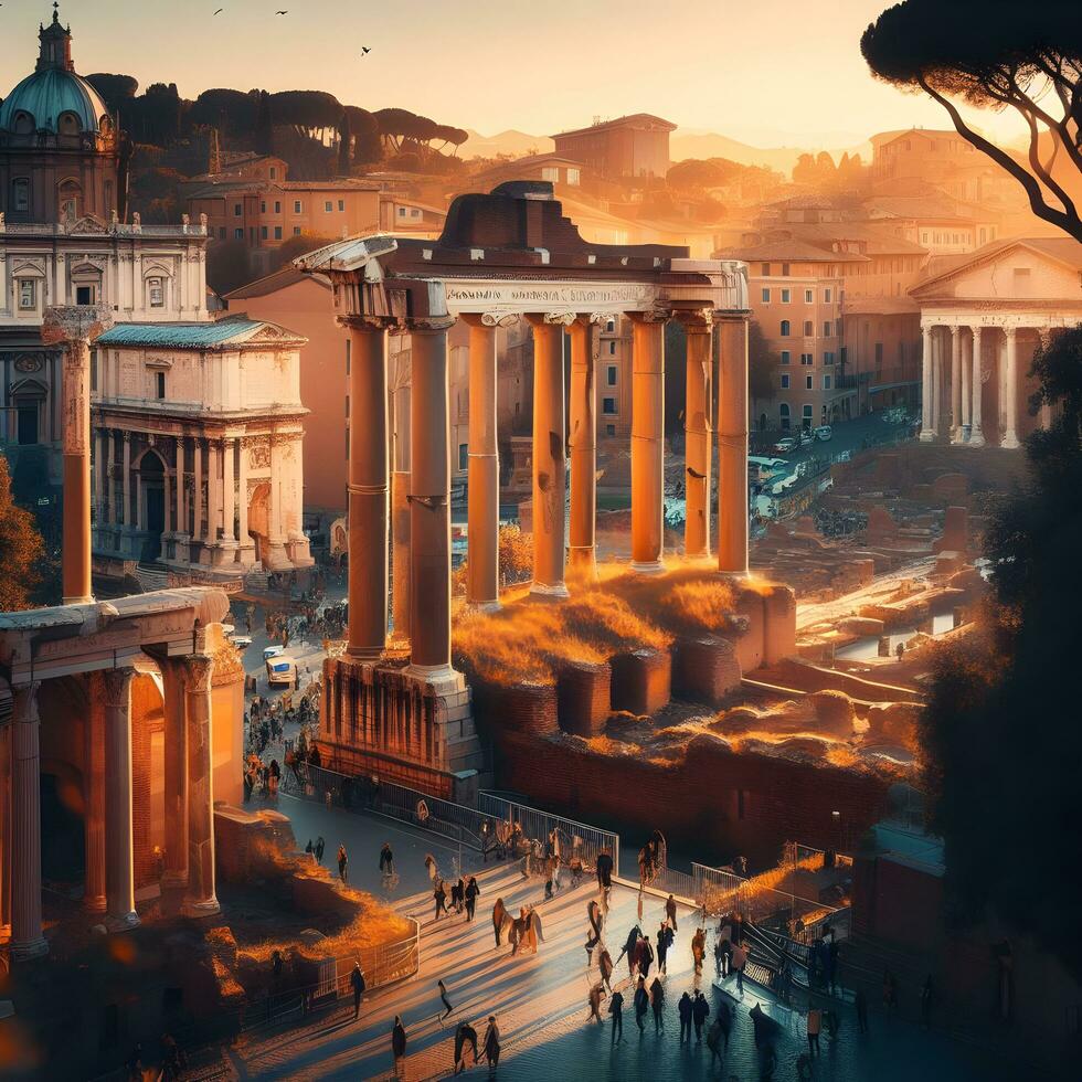 revelação Roma Eterno grandeza, capturando a histórico charme do Está antigo ruínas. ai gerado foto