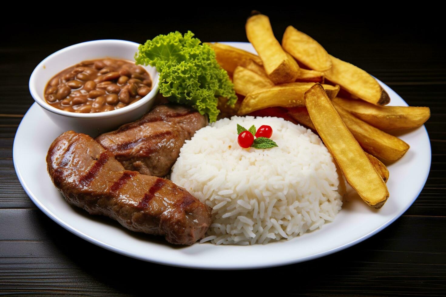 arroz, feijões, francês fritas, e eu no. generativo ai foto