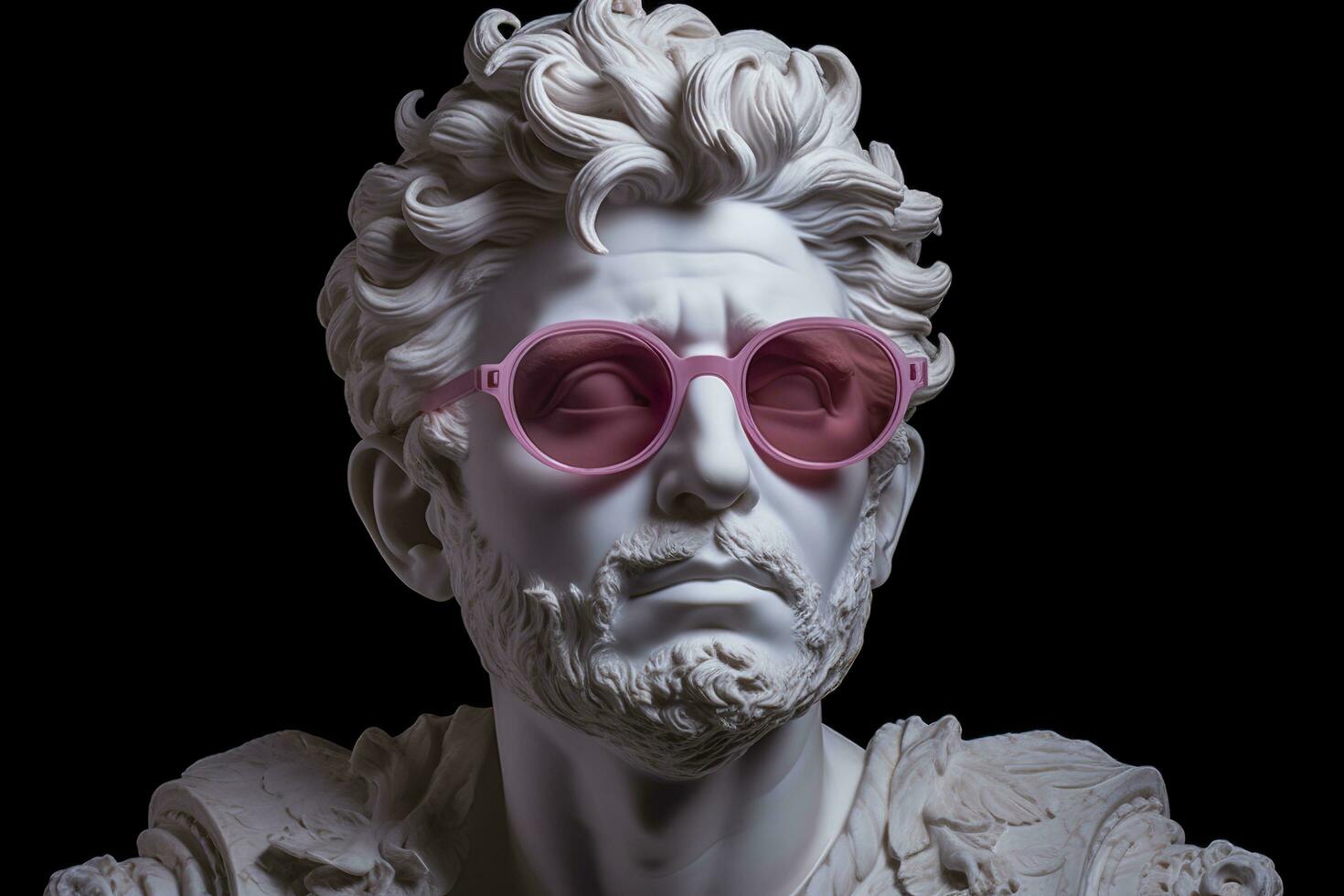 a cabeça do uma branco mitológico estátua com elegante Rosa óculos em dele olhos, quadro, Armação dentro perfil. ai generativo foto