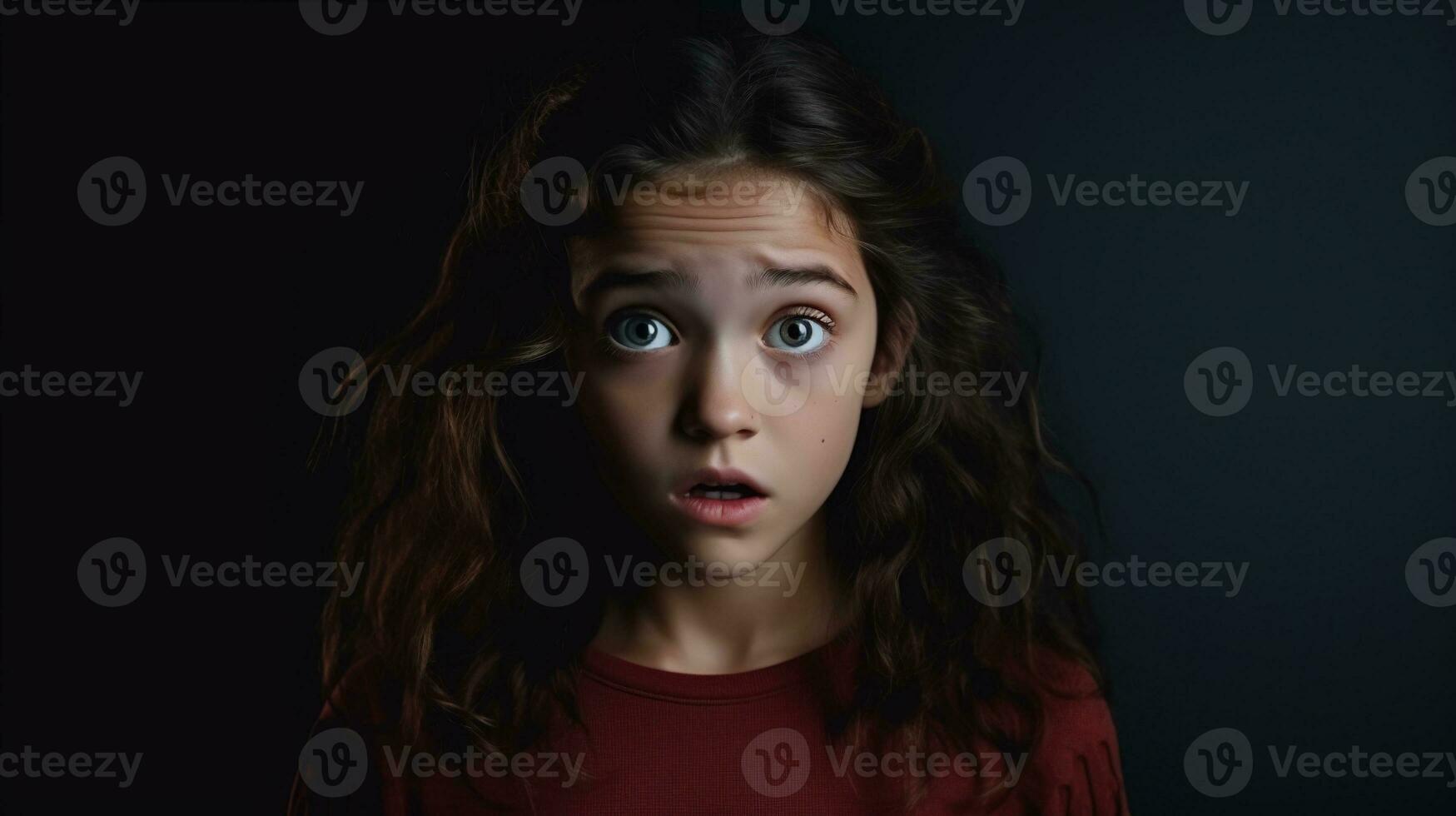 assustado menina olhando às a Câmera isolado em a minimalista fundo foto