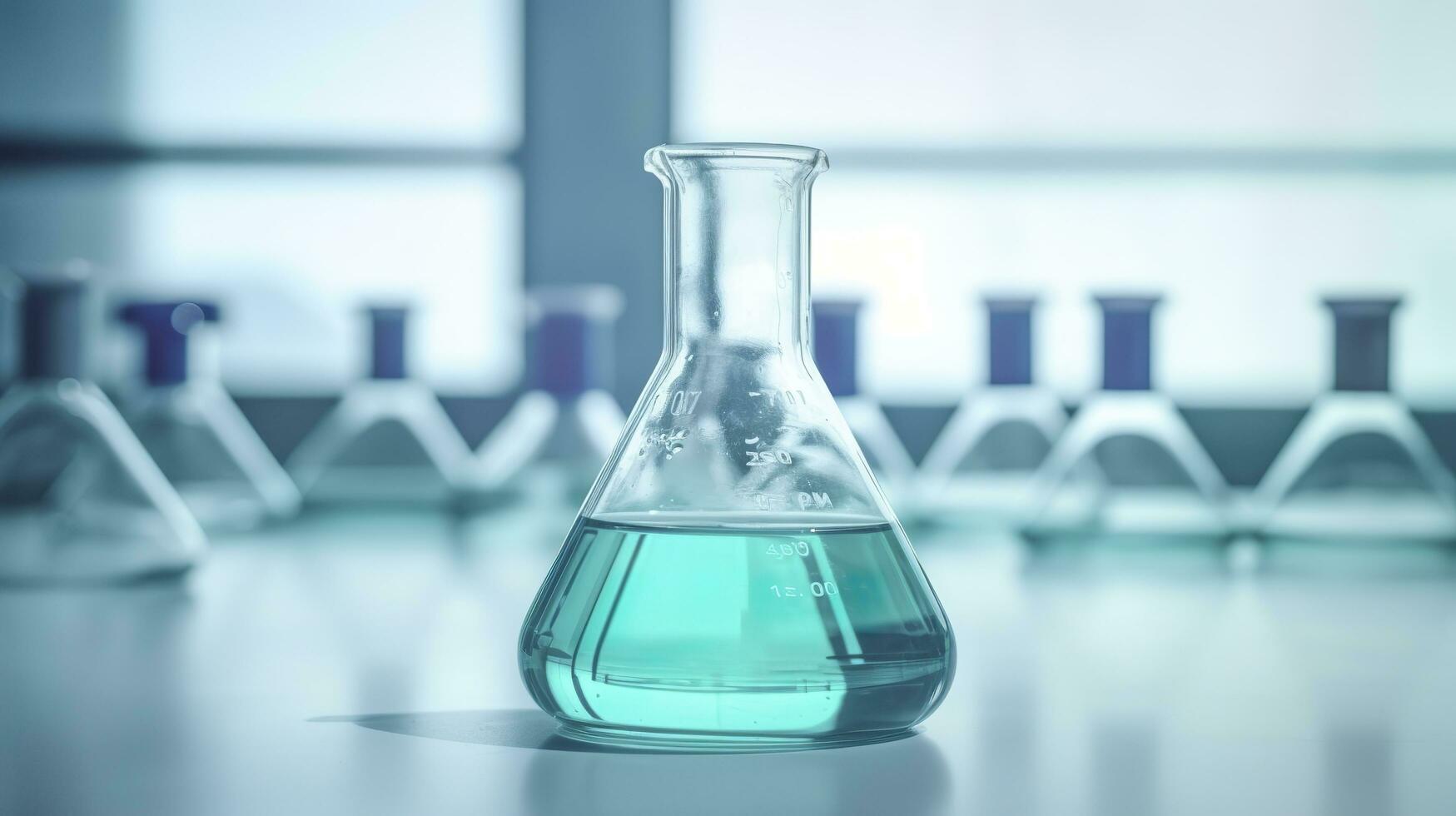 uma Ciência taça dentro a laboratório em uma mesa branco e luz azul fundo.. laboratório equipamento Fora do foco. ai generativo foto