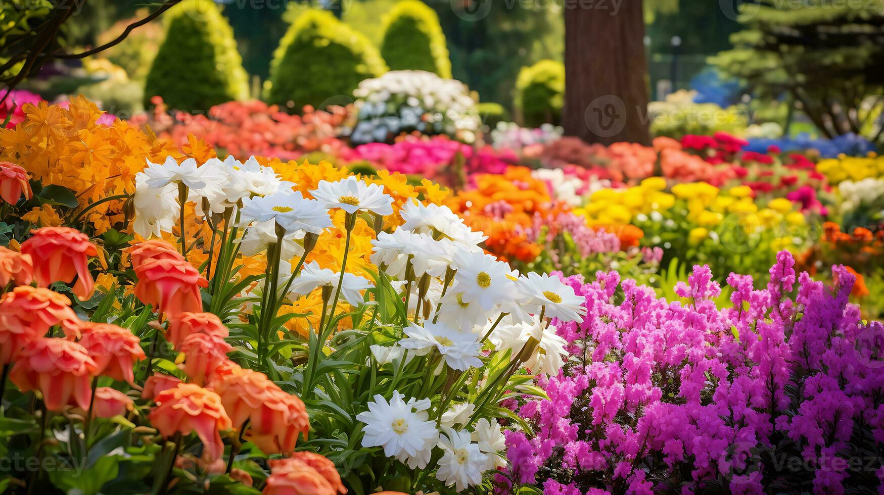 uma lindo flor jardim e estrada estourando com vibrante vetor arte gerado de ai foto