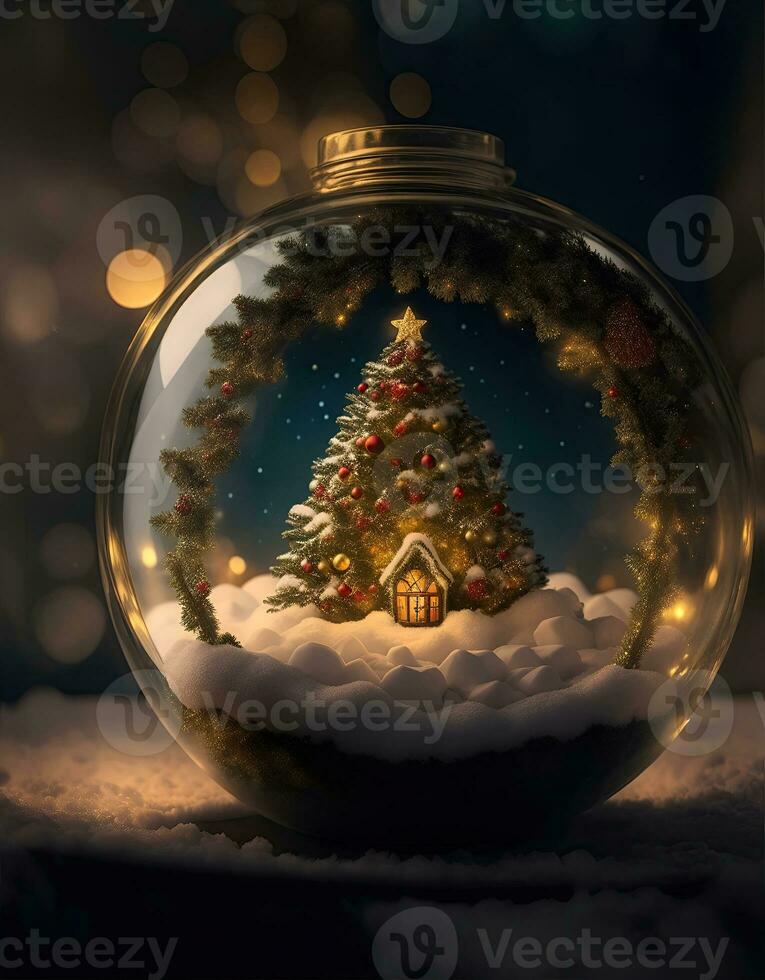 ai generativo vibrante acolhedor deslumbrante inverno Natal árvore dentro Claro cristal bola foto