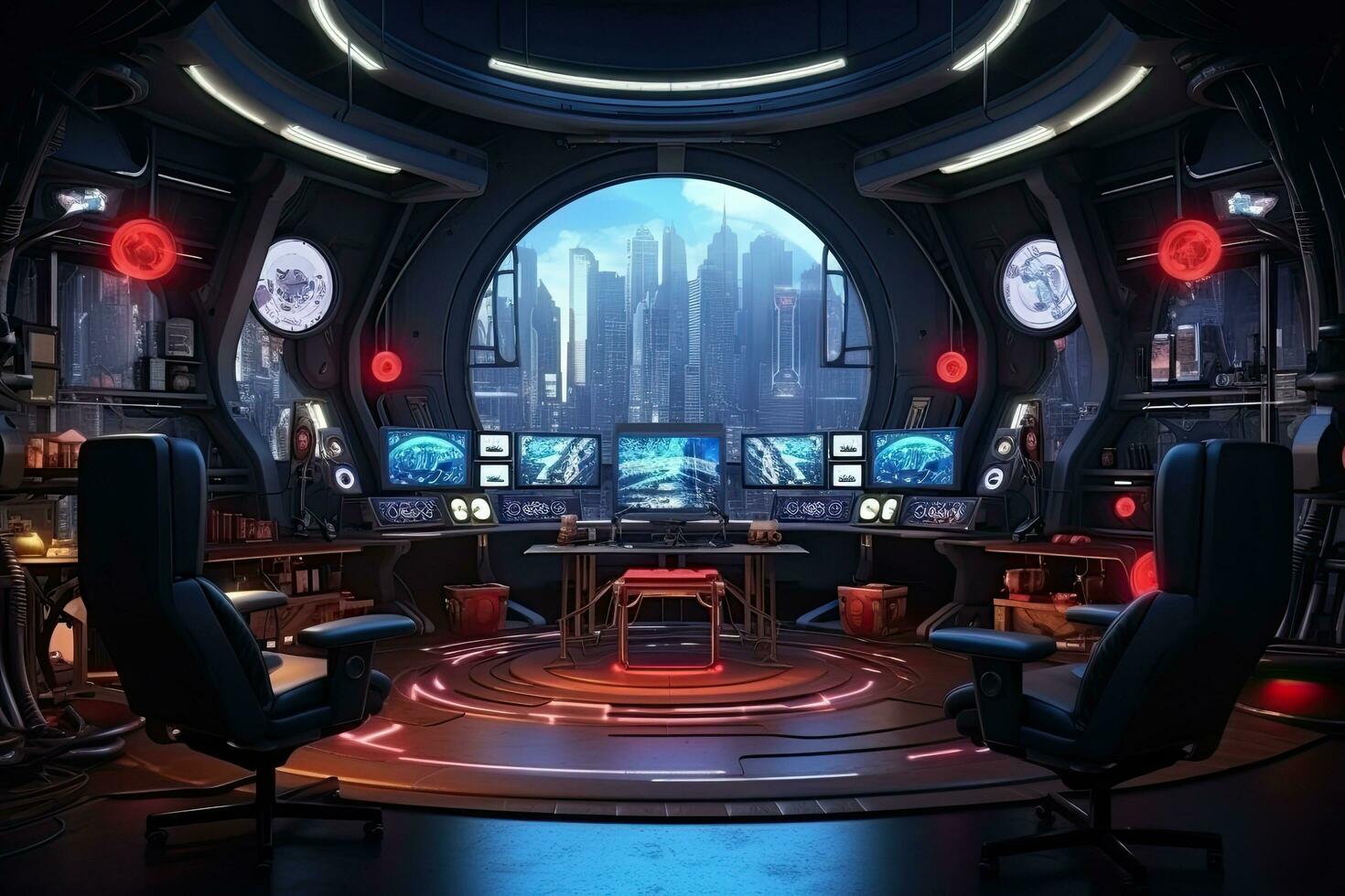 nave espacial interior com ao controle quarto e televisão telas. 3d Renderização, futurista jogos quarto com uma muitos do jogos equipamento. 3d Renderização, ai gerado foto