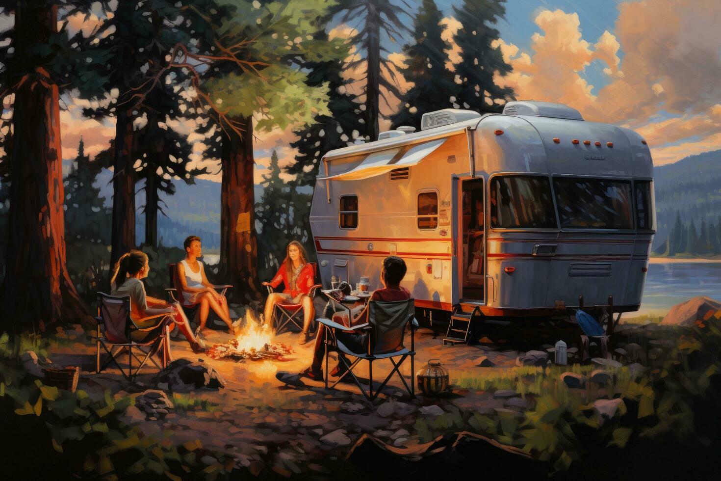 acampamento dentro a floresta com uma campista furgão. óleo pintura em tela, amigos desfrutando uma verão acampamento, topo seção cortado, lado visualizar, ai gerado foto