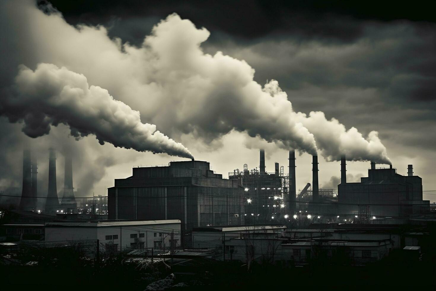 uma Preto e branco imagem do fumaça chegando Fora do uma fábrica, ar poluição, global aquecimento, generativo ai foto