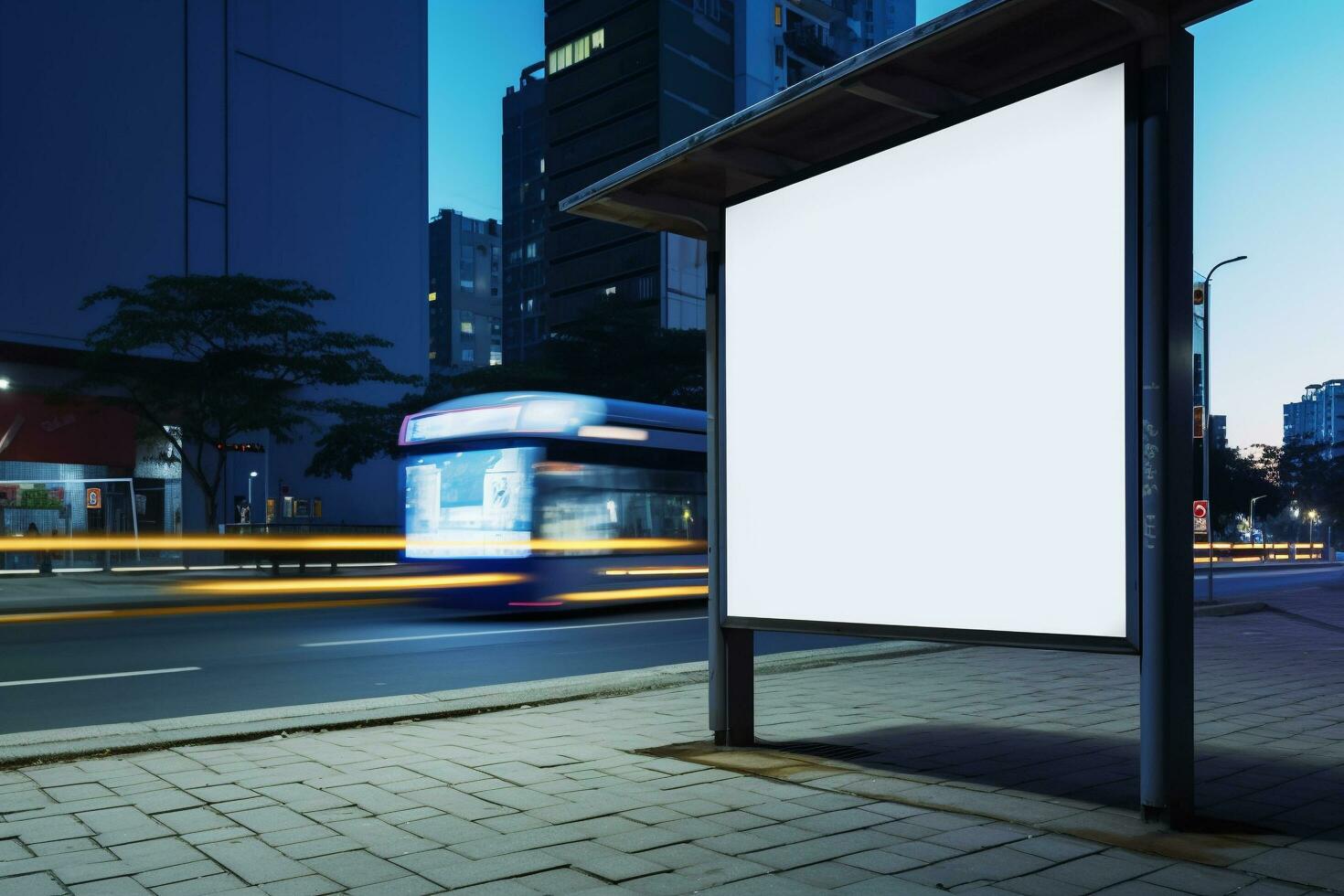 a imagem do uma ônibus Pare com uma em branco Painel publicitário em a lado do a estrada, generativo ai foto