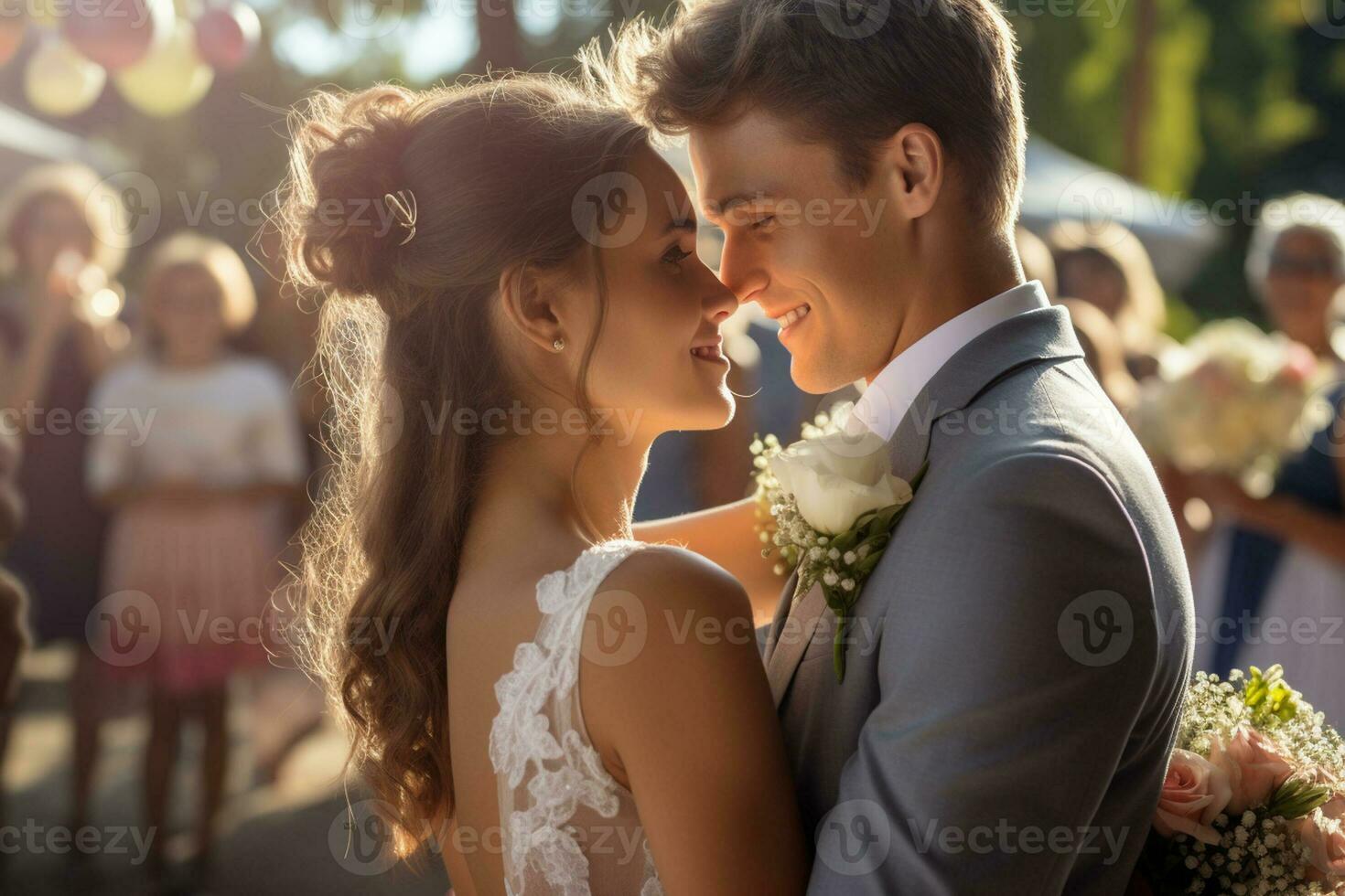 noivo e noiva dentro Casamento vestidos em uma lotado fundo foto