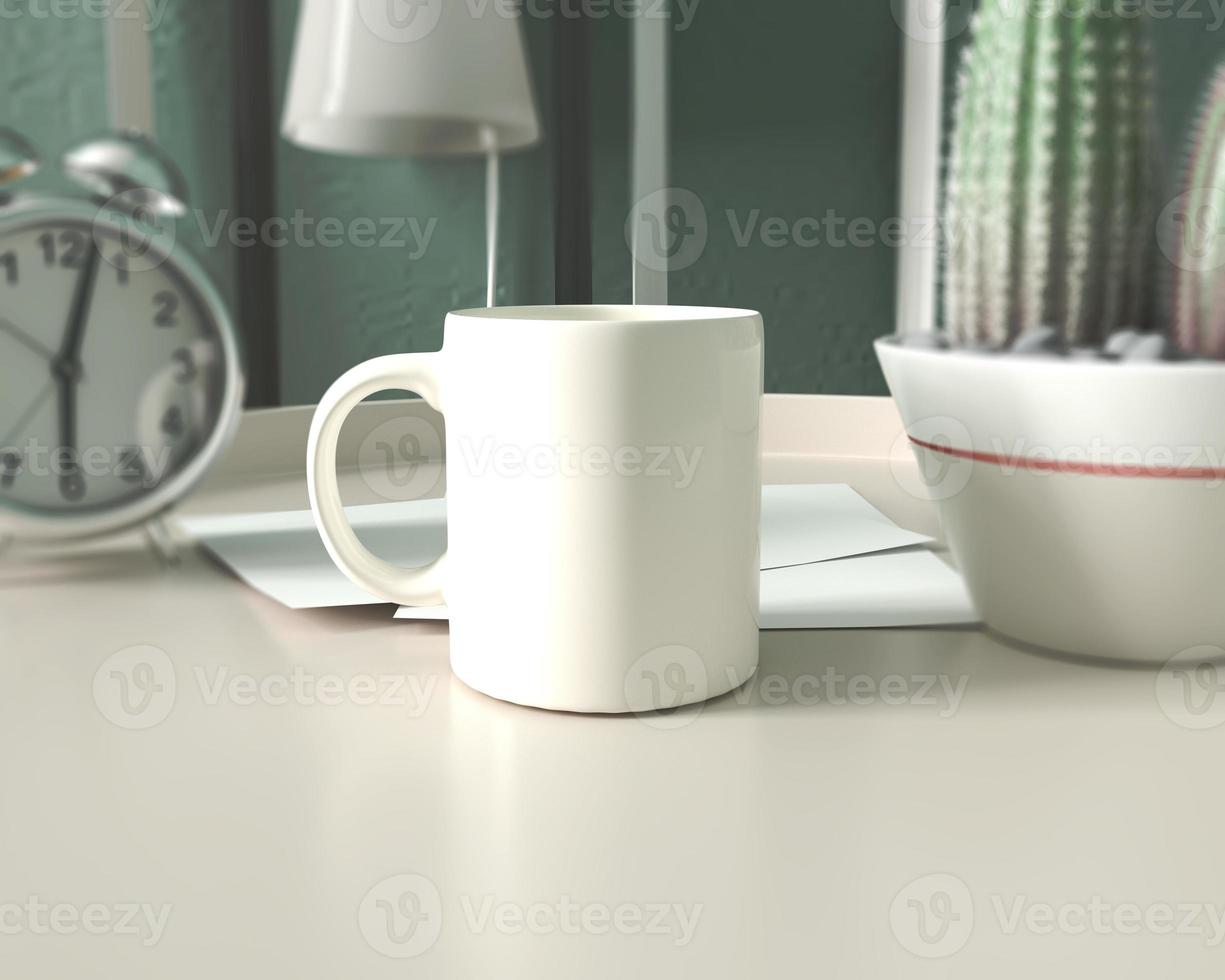 maquete de caneca de café branca na área de trabalho foto