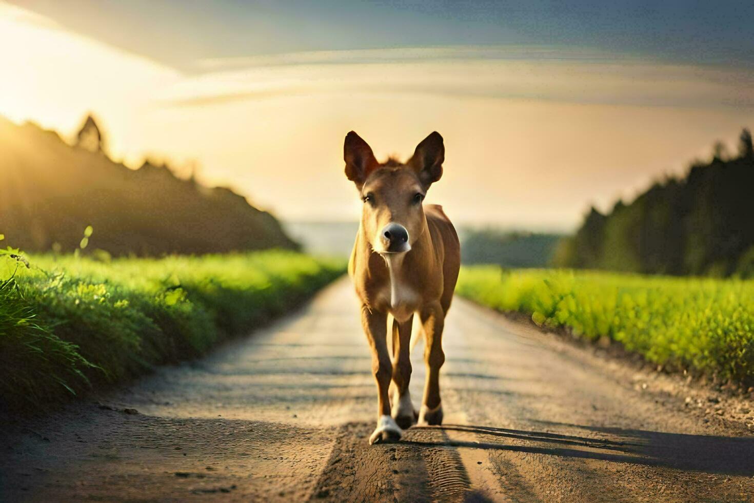 uma cavalo caminhando baixa uma estrada às pôr do sol. gerado por IA foto