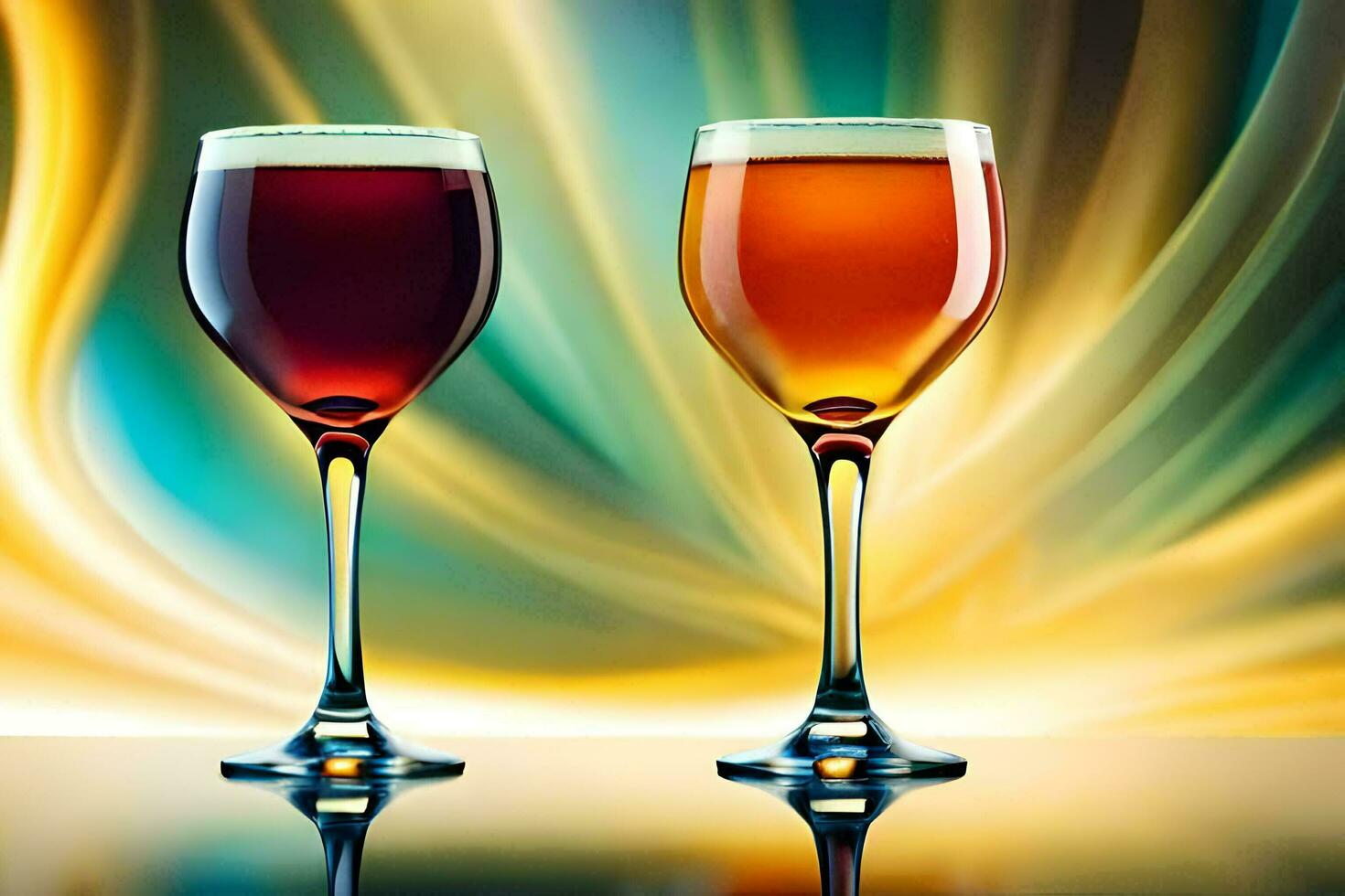 dois óculos do vinho estão mostrando contra uma fundo do claro. gerado por IA foto