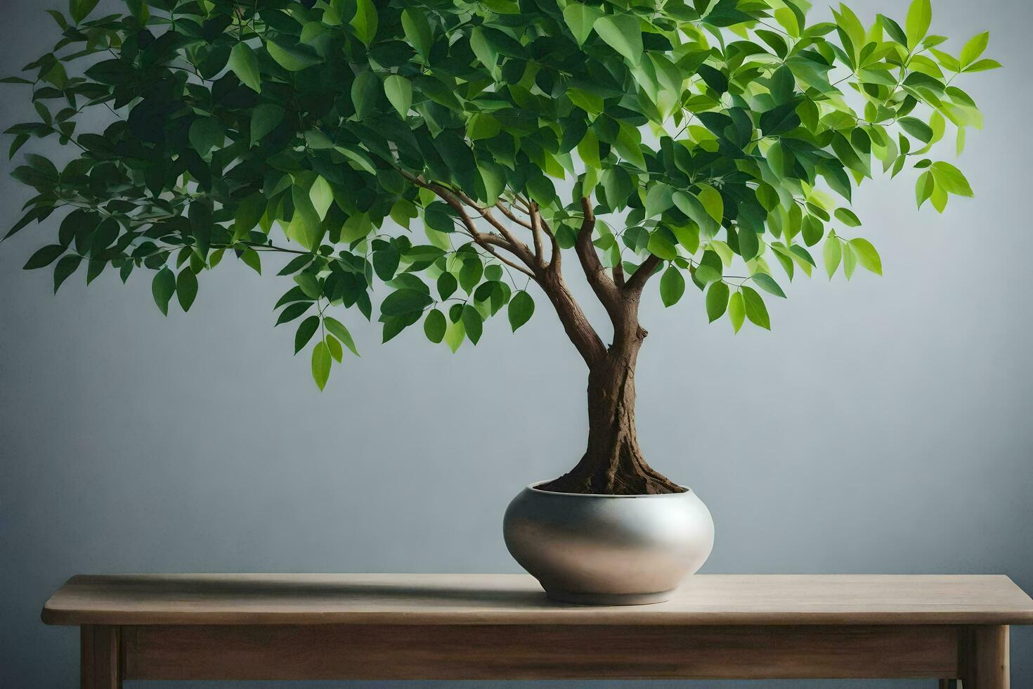 uma bonsai árvore dentro uma Panela em uma mesa. gerado por IA foto