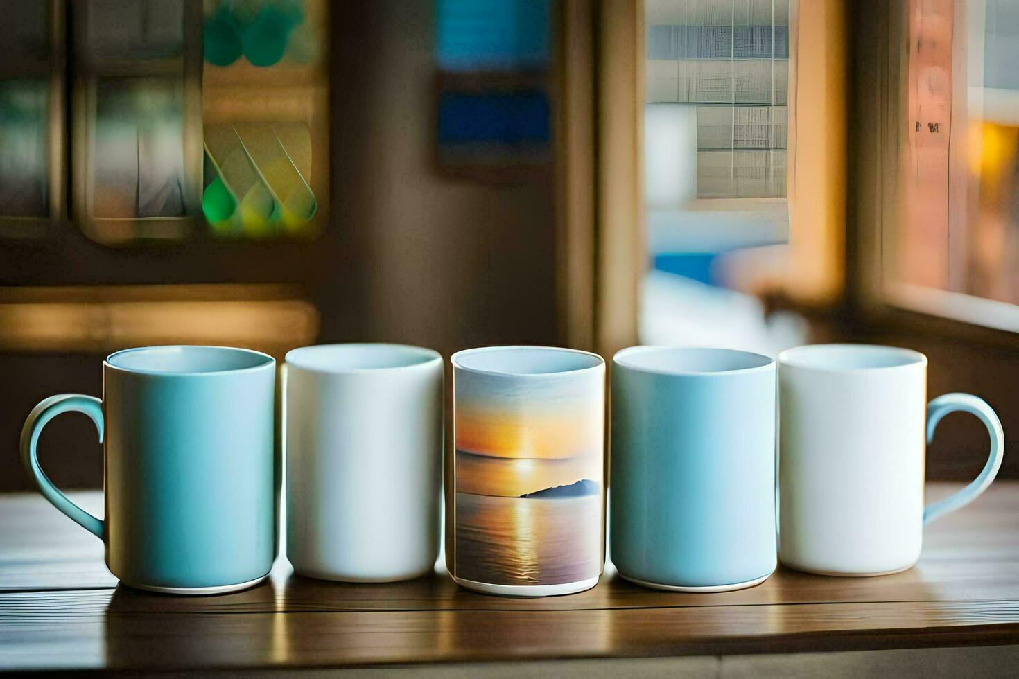 cinco café canecas com diferente imagens em eles. gerado por IA foto