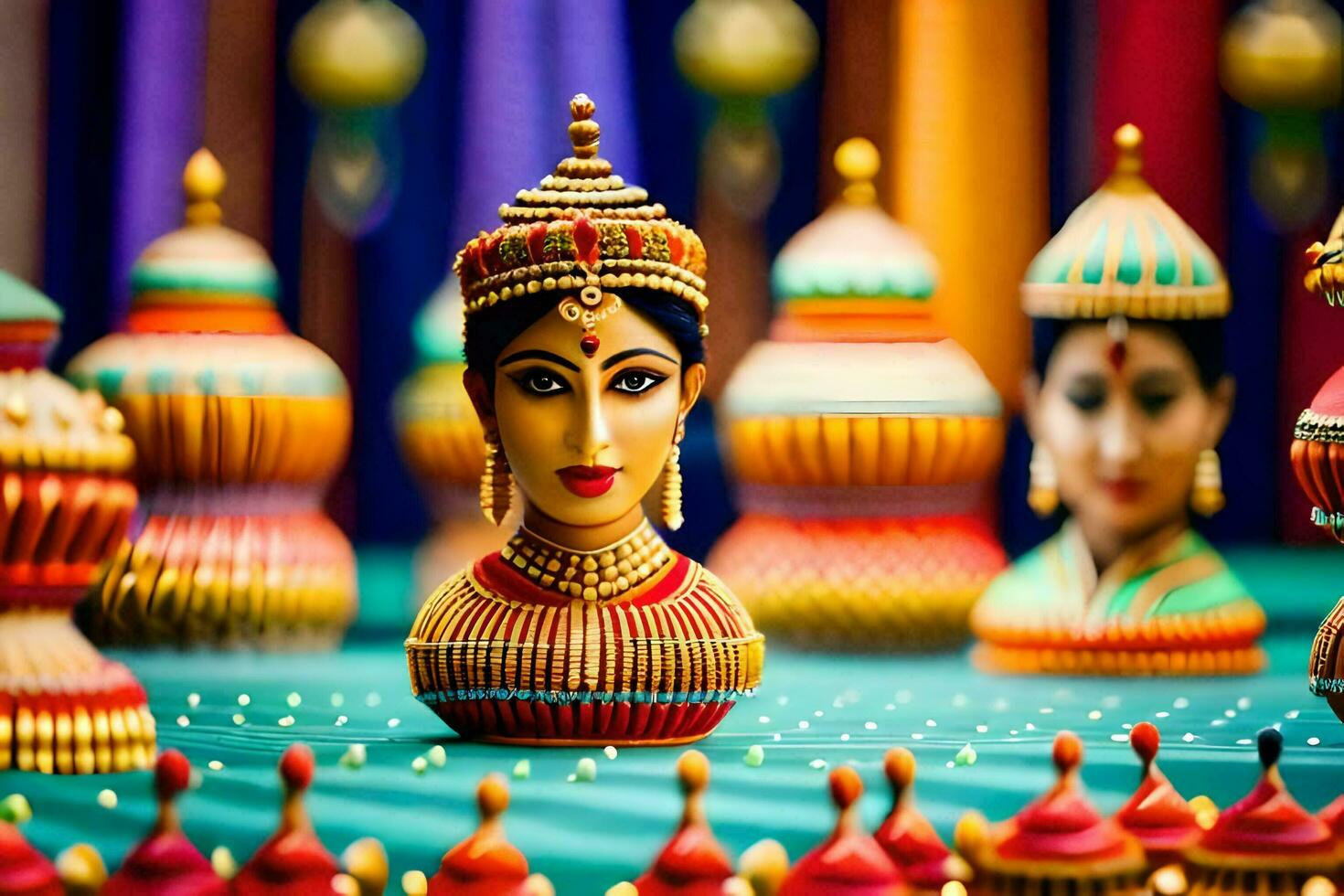 uma colorida exibição do indiano bonecas e estatuetas. gerado por IA foto